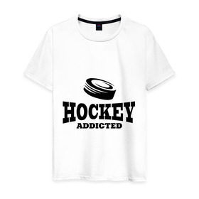 Мужская футболка хлопок с принтом Хоккей - зависимый в Новосибирске, 100% хлопок | прямой крой, круглый вырез горловины, длина до линии бедер, слегка спущенное плечо. | addicted | hockey | зависимость | хоккей