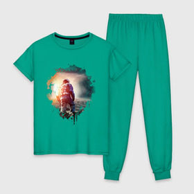 Женская пижама хлопок с принтом Interstellar в Новосибирске, 100% хлопок | брюки и футболка прямого кроя, без карманов, на брюках мягкая резинка на поясе и по низу штанин | interstellar | интерстеллар | космонавт | космос