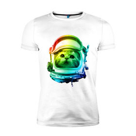 Мужская футболка премиум с принтом Кот космонавт в Новосибирске, 92% хлопок, 8% лайкра | приталенный силуэт, круглый вырез ворота, длина до линии бедра, короткий рукав | space | астронавт | животные | звезды | космос | кот | кошка | мордочка | шлем