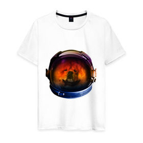 Мужская футболка хлопок с принтом Чау-чау в Новосибирске, 100% хлопок | прямой крой, круглый вырез горловины, длина до линии бедер, слегка спущенное плечо. | Тематика изображения на принте: астронавт | животные | космонавт | космос | мордочка | нос | собака | чау чау | шлем