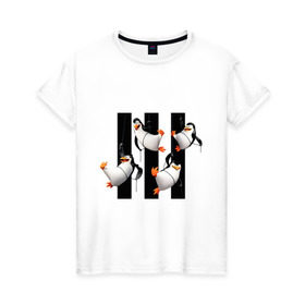 Женская футболка хлопок с принтом Пингвины Мадагаскара в Новосибирске, 100% хлопок | прямой крой, круглый вырез горловины, длина до линии бедер, слегка спущенное плечо | мадагаскар | мультик | пингвины