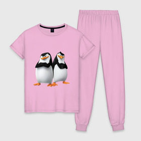 Женская пижама хлопок с принтом Пингвины Мадагаскара в Новосибирске, 100% хлопок | брюки и футболка прямого кроя, без карманов, на брюках мягкая резинка на поясе и по низу штанин | Тематика изображения на принте: мадагаскар | мультик | пингвины