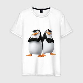 Мужская футболка хлопок с принтом Пингвины Мадагаскара в Новосибирске, 100% хлопок | прямой крой, круглый вырез горловины, длина до линии бедер, слегка спущенное плечо. | Тематика изображения на принте: мадагаскар | мультик | пингвины