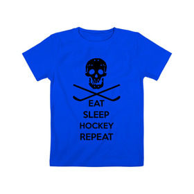 Детская футболка хлопок с принтом Eat sleep hockey repeat в Новосибирске, 100% хлопок | круглый вырез горловины, полуприлегающий силуэт, длина до линии бедер | Тематика изображения на принте: 