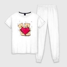 Женская пижама хлопок с принтом Одно сердце на двоих в Новосибирске, 100% хлопок | брюки и футболка прямого кроя, без карманов, на брюках мягкая резинка на поясе и по низу штанин | 