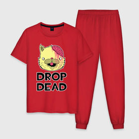 Мужская пижама хлопок с принтом Drop Dead Cat в Новосибирске, 100% хлопок | брюки и футболка прямого кроя, без карманов, на брюках мягкая резинка на поясе и по низу штанин
 | Тематика изображения на принте: 