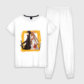 Женская пижама хлопок с принтом Asuna & Kirito в Новосибирске, 100% хлопок | брюки и футболка прямого кроя, без карманов, на брюках мягкая резинка на поясе и по низу штанин | anime | asuna | kirito | sao | sword art online | аниме | асуна | виртуальная реальность | игры | кирито | мечи | сворд арт онлайн