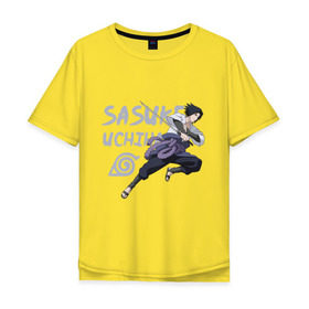 Мужская футболка хлопок Oversize с принтом Саске Учиха в Новосибирске, 100% хлопок | свободный крой, круглый ворот, “спинка” длиннее передней части | Тематика изображения на принте: sasuke | дзютсу | катана | саске | учиха | шаринган