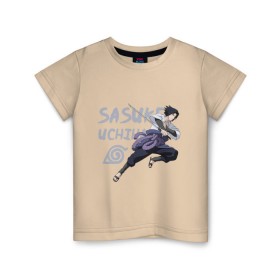 Детская футболка хлопок с принтом Саске Учиха в Новосибирске, 100% хлопок | круглый вырез горловины, полуприлегающий силуэт, длина до линии бедер | Тематика изображения на принте: sasuke | дзютсу | катана | саске | учиха | шаринган