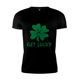 Мужская футболка премиум с принтом Get lucky в Новосибирске, 92% хлопок, 8% лайкра | приталенный силуэт, круглый вырез ворота, длина до линии бедра, короткий рукав | get lucky | ирландия | клевер | патрик | святой