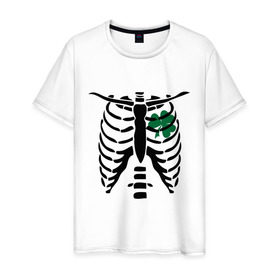 Мужская футболка хлопок с принтом Скелет и клевер в Новосибирске, 100% хлопок | прямой крой, круглый вырез горловины, длина до линии бедер, слегка спущенное плечо. | скелет