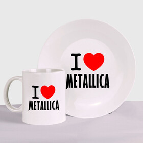 Набор: тарелка + кружка с принтом I love Metallica в Новосибирске, керамика | Кружка: объем — 330 мл, диаметр — 80 мм. Принт наносится на бока кружки, можно сделать два разных изображения. 
Тарелка: диаметр - 210 мм, диаметр для нанесения принта - 120 мм. | Тематика изображения на принте: металлика