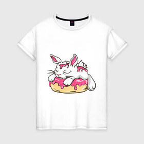 Женская футболка хлопок с принтом Зайка в Новосибирске, 100% хлопок | прямой крой, круглый вырез горловины, длина до линии бедер, слегка спущенное плечо | бублик | зайка | заяц | кролик | милаха | пончик
