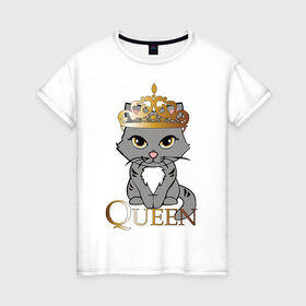 Женская футболка хлопок с принтом Парная футболка королева кошка в Новосибирске, 100% хлопок | прямой крой, круглый вырез горловины, длина до линии бедер, слегка спущенное плечо | cat | королева | корона | кошка