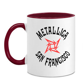 Кружка двухцветная с принтом Metallica (San Francisco) в Новосибирске, керамика | объем — 330 мл, диаметр — 80 мм. Цветная ручка и кайма сверху, в некоторых цветах — вся внутренняя часть | metallica | san francisco