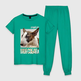Женская пижама хлопок с принтом Бультерьер в Новосибирске, 100% хлопок | брюки и футболка прямого кроя, без карманов, на брюках мягкая резинка на поясе и по низу штанин | drug | порода | собака