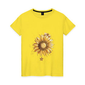 Женская футболка хлопок с принтом Retro sunflower. в Новосибирске, 100% хлопок | прямой крой, круглый вырез горловины, длина до линии бедер, слегка спущенное плечо | 