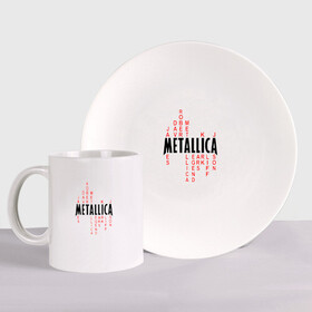 Набор: тарелка + кружка с принтом «Metallica History» в Новосибирске, керамика | Кружка: объем — 330 мл, диаметр — 80 мм. Принт наносится на бока кружки, можно сделать два разных изображения. 
Тарелка: диаметр - 210 мм, диаметр для нанесения принта - 120 мм. | Тематика изображения на принте: металлика