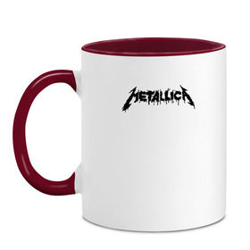 Кружка двухцветная с принтом Metallica painted logo в Новосибирске, керамика | объем — 330 мл, диаметр — 80 мм. Цветная ручка и кайма сверху, в некоторых цветах — вся внутренняя часть | Тематика изображения на принте: металлика