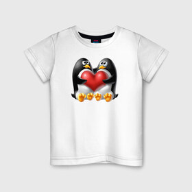 Детская футболка хлопок с принтом Влюбленные пингвины в Новосибирске, 100% хлопок | круглый вырез горловины, полуприлегающий силуэт, длина до линии бедер | Тематика изображения на принте: . любовь | влюбленные пингвины с сердцемвлюбленные | пингвины | сердце