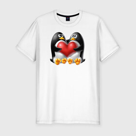 Мужская футболка премиум с принтом Влюбленные пингвины в Новосибирске, 92% хлопок, 8% лайкра | приталенный силуэт, круглый вырез ворота, длина до линии бедра, короткий рукав | . любовь | влюбленные пингвины с сердцемвлюбленные | пингвины | сердце