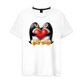 Мужская футболка хлопок с принтом Влюбленные пингвины в Новосибирске, 100% хлопок | прямой крой, круглый вырез горловины, длина до линии бедер, слегка спущенное плечо. | . любовь | влюбленные пингвины с сердцемвлюбленные | пингвины | сердце