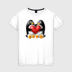 Женская футболка хлопок с принтом Влюбленные пингвины в Новосибирске, 100% хлопок | прямой крой, круглый вырез горловины, длина до линии бедер, слегка спущенное плечо | . любовь | влюбленные пингвины с сердцемвлюбленные | пингвины | сердце