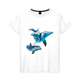 Женская футболка хлопок с принтом Дельфины в Новосибирске, 100% хлопок | прямой крой, круглый вырез горловины, длина до линии бедер, слегка спущенное плечо | die antwoord
