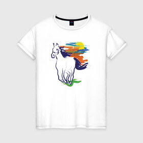 Женская футболка хлопок с принтом Синий конь в Новосибирске, 100% хлопок | прямой крой, круглый вырез горловины, длина до линии бедер, слегка спущенное плечо | horse | кон | лошадь