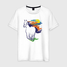 Мужская футболка хлопок с принтом Синий конь в Новосибирске, 100% хлопок | прямой крой, круглый вырез горловины, длина до линии бедер, слегка спущенное плечо. | horse | кон | лошадь