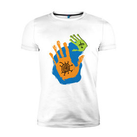 Мужская футболка премиум с принтом Ладони. Этно 2 в Новосибирске, 92% хлопок, 8% лайкра | приталенный силуэт, круглый вырез ворота, длина до линии бедра, короткий рукав | ethno | hands | ладони | руки | символы