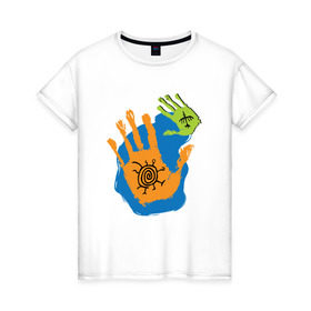 Женская футболка хлопок с принтом Ладони. Этно 2 в Новосибирске, 100% хлопок | прямой крой, круглый вырез горловины, длина до линии бедер, слегка спущенное плечо | ethno | hands | ладони | руки | символы