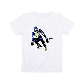 Детская футболка хлопок с принтом Лыжник в Новосибирске, 100% хлопок | круглый вырез горловины, полуприлегающий силуэт, длина до линии бедер | горнолыжная тема | горнолыжник спускается с горыочки | лыжи | лыжник | палки | спорт | шлем