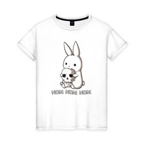 Женская футболка хлопок с принтом Кролик с черепом в Новосибирске, 100% хлопок | прямой крой, круглый вырез горловины, длина до линии бедер, слегка спущенное плечо | Тематика изображения на принте: @ | заяц | картинка | кролик | прикол | череп