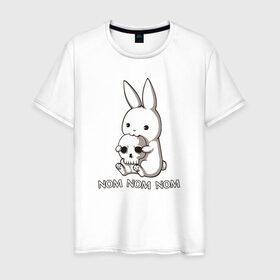 Мужская футболка хлопок с принтом Кролик с черепом в Новосибирске, 100% хлопок | прямой крой, круглый вырез горловины, длина до линии бедер, слегка спущенное плечо. | @ | заяц | картинка | кролик | прикол | череп
