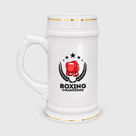Кружка пивная с принтом Boxing champions в Новосибирске,  керамика (Материал выдерживает высокую температуру, стоит избегать резкого перепада температур) |  объем 630 мл | boxing | champions | бокс | венок | перчатки | спорт