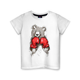 Детская футболка хлопок с принтом Russia boxing в Новосибирске, 100% хлопок | круглый вырез горловины, полуприлегающий силуэт, длина до линии бедер | boxing | бокс | медведь | мишка | перчатки | спорт
