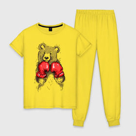 Женская пижама хлопок с принтом Russia boxing в Новосибирске, 100% хлопок | брюки и футболка прямого кроя, без карманов, на брюках мягкая резинка на поясе и по низу штанин | boxing | бокс | медведь | мишка | перчатки | спорт