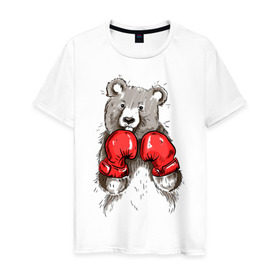 Мужская футболка хлопок с принтом Russia boxing в Новосибирске, 100% хлопок | прямой крой, круглый вырез горловины, длина до линии бедер, слегка спущенное плечо. | boxing | бокс | медведь | мишка | перчатки | спорт