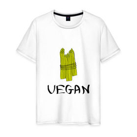 Мужская футболка хлопок с принтом Веган в Новосибирске, 100% хлопок | прямой крой, круглый вырез горловины, длина до линии бедер, слегка спущенное плечо. | @ | веган | вегетарианство | как символ сыроеденияпитание | на макете изображена стилизованная спаржа | спаржа | спорт