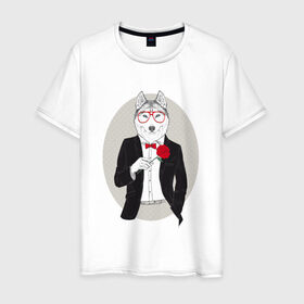 Мужская футболка хлопок с принтом Волк в смокинге в Новосибирске, 100% хлопок | прямой крой, круглый вырез горловины, длина до линии бедер, слегка спущенное плечо. | джентльмен | костюм | хипстер