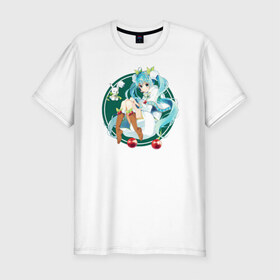 Мужская футболка премиум с принтом Зимняя Мику в Новосибирске, 92% хлопок, 8% лайкра | приталенный силуэт, круглый вырез ворота, длина до линии бедра, короткий рукав | Тематика изображения на принте: anime | hatsune miku | miku | vocaloid | вокалоид