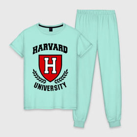 Женская пижама хлопок с принтом Гарвард в Новосибирске, 100% хлопок | брюки и футболка прямого кроя, без карманов, на брюках мягкая резинка на поясе и по низу штанин | Тематика изображения на принте: harvard | university | гарвард | институт | студентам | университет