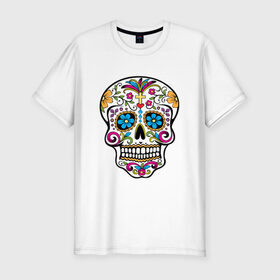 Мужская футболка премиум с принтом Skull decorated в Новосибирске, 92% хлопок, 8% лайкра | приталенный силуэт, круглый вырез ворота, длина до линии бедра, короткий рукав | Тематика изображения на принте: сахарный
