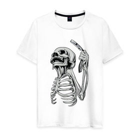 Мужская футболка хлопок с принтом Скелет с бритвой в Новосибирске, 100% хлопок | прямой крой, круглый вырез горловины, длина до линии бедер, слегка спущенное плечо. | скелет