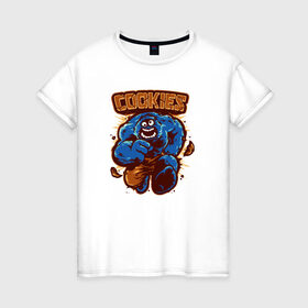 Женская футболка хлопок с принтом Печеньки в Новосибирске, 100% хлопок | прямой крой, круглый вырез горловины, длина до линии бедер, слегка спущенное плечо | cookie | коржик | монстр | печенье | улица сезам