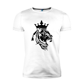 Мужская футболка премиум с принтом Тигр с короной в Новосибирске, 92% хлопок, 8% лайкра | приталенный силуэт, круглый вырез ворота, длина до линии бедра, короткий рукав | @ | tatu | корона | кот | лев | татуировка | тигр с короной в тату стиле.тигр | царь