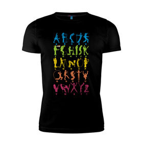 Мужская футболка премиум с принтом Рок алфавит (без расшифровки) в Новосибирске, 92% хлопок, 8% лайкра | приталенный силуэт, круглый вырез ворота, длина до линии бедра, короткий рукав | kiss | nirvana | ozzy | rock | алфавит | группы | рок