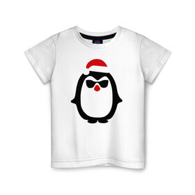 Детская футболка хлопок с принтом Крутой пингвин дед мороз в Новосибирске, 100% хлопок | круглый вырез горловины, полуприлегающий силуэт, длина до линии бедер | крутой пингвин дед морозкрутой пингвин дед мороз новый год