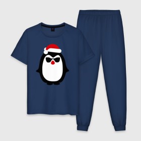 Мужская пижама хлопок с принтом Крутой пингвин дед мороз в Новосибирске, 100% хлопок | брюки и футболка прямого кроя, без карманов, на брюках мягкая резинка на поясе и по низу штанин
 | крутой пингвин дед морозкрутой пингвин дед мороз новый год